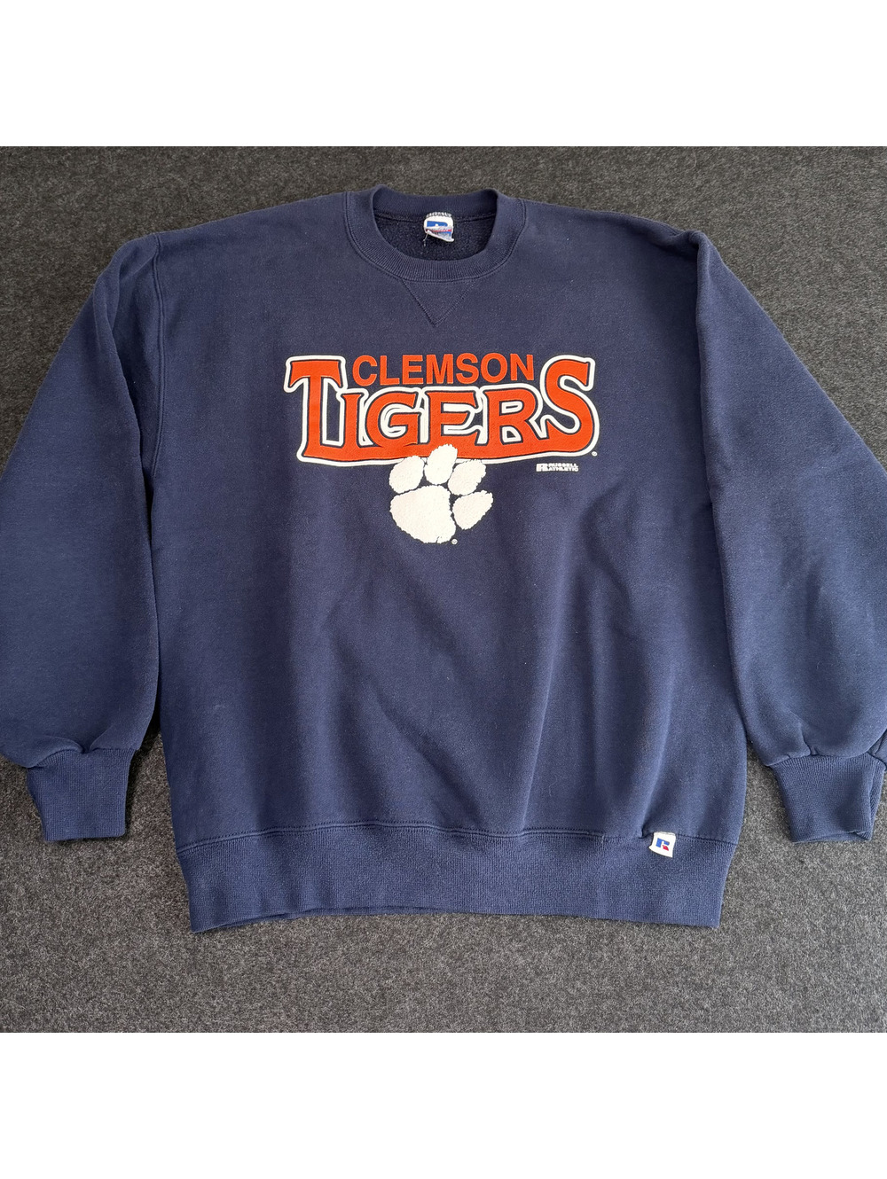 Vintage 90s Russell Athletic Clemson Tigers Large Navy Made in USA Paw Crewneck